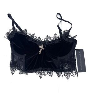 Widow Dolls Kill Black Velvet Lace Cross Bustier Crop Top Small NWT Gothic Alt